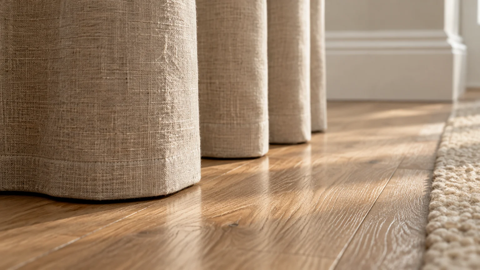 Close-up of beige linen curtains hanging just above a polished wood floor next to a white baseboard.