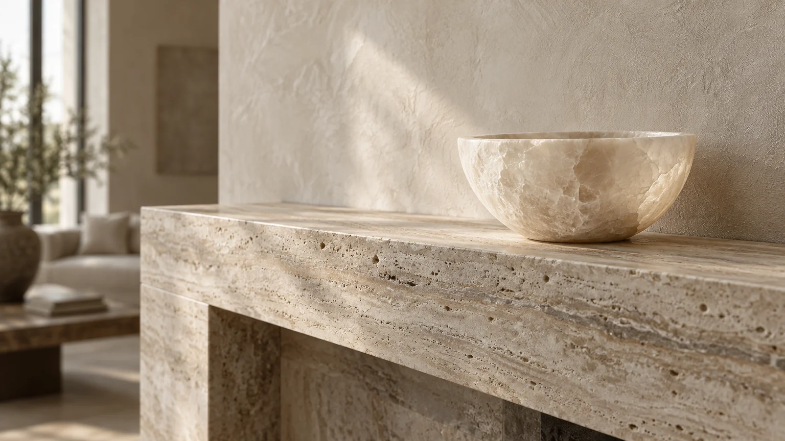Carved alabaster bowl resting on a textured, beige travertine fireplace mantel in a minimalist room.