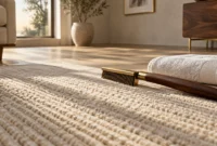 Wooden cleaning brush and rolled white towel resting on a textured cream rug in a sunlit living room.