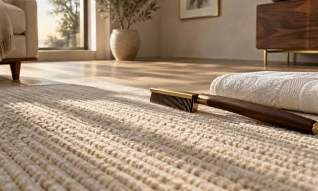 Wooden cleaning brush and rolled white towel resting on a textured cream rug in a sunlit living room.