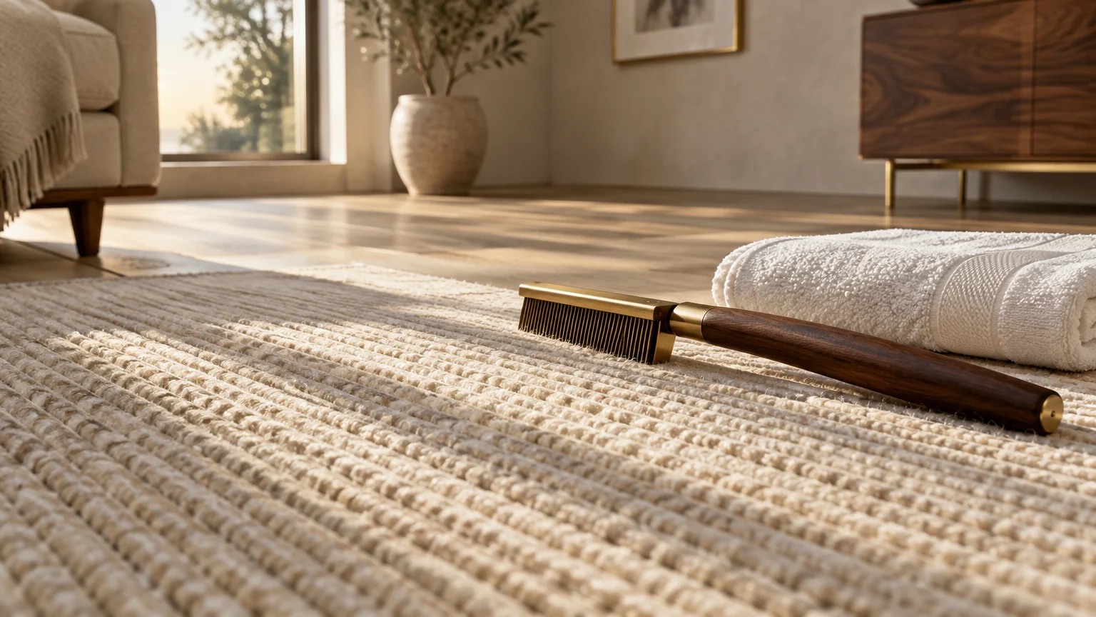 Wooden cleaning brush and rolled white towel resting on a textured cream rug in a sunlit living room.