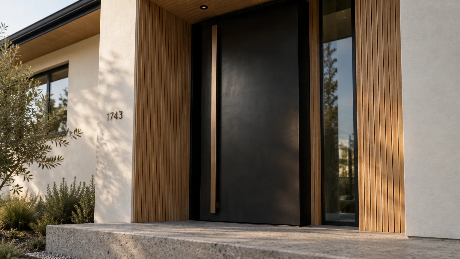 Tall black front door with a long wooden handle framed by vertical wood slat wall paneling on a concrete porch.