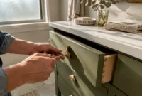 Hands using a screwdriver to install a brass pull handle on an olive green bathroom vanity drawer.