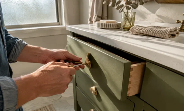 Hands using a screwdriver to install a brass pull handle on an olive green bathroom vanity drawer.