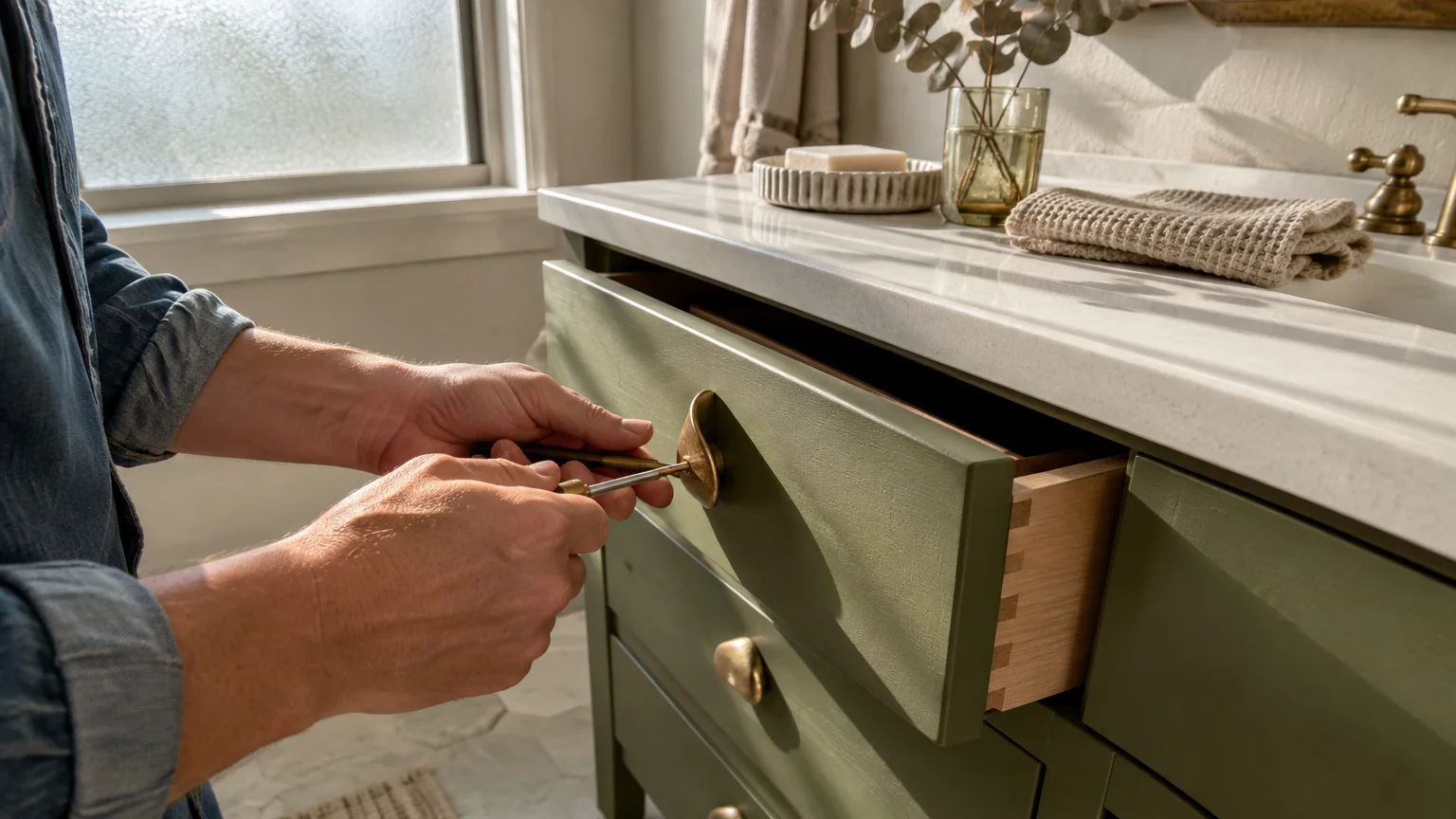 Hands using a screwdriver to install a brass pull handle on an olive green bathroom vanity drawer.