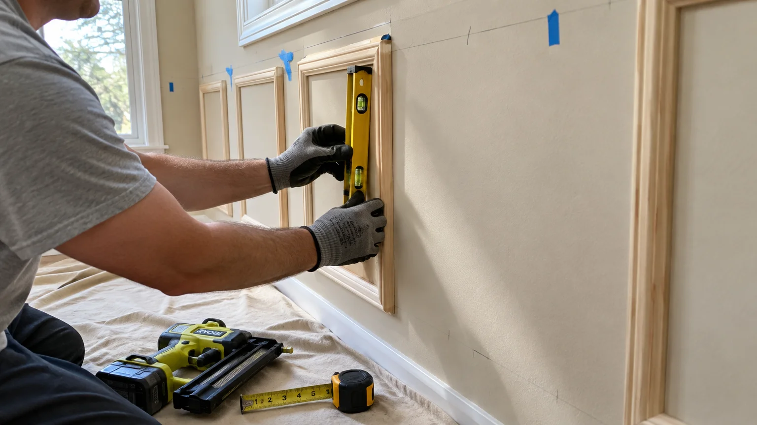 A person holds a yellow level against wooden wall moulding frames next to a cordless nail gun and tape measure.