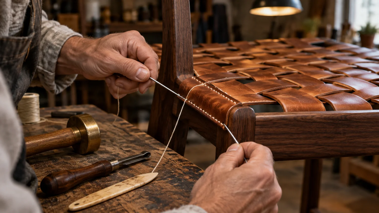 Close-up of artisan hands hand-stitching woven brown leather straps onto a dark wooden chair frame in a workshop.