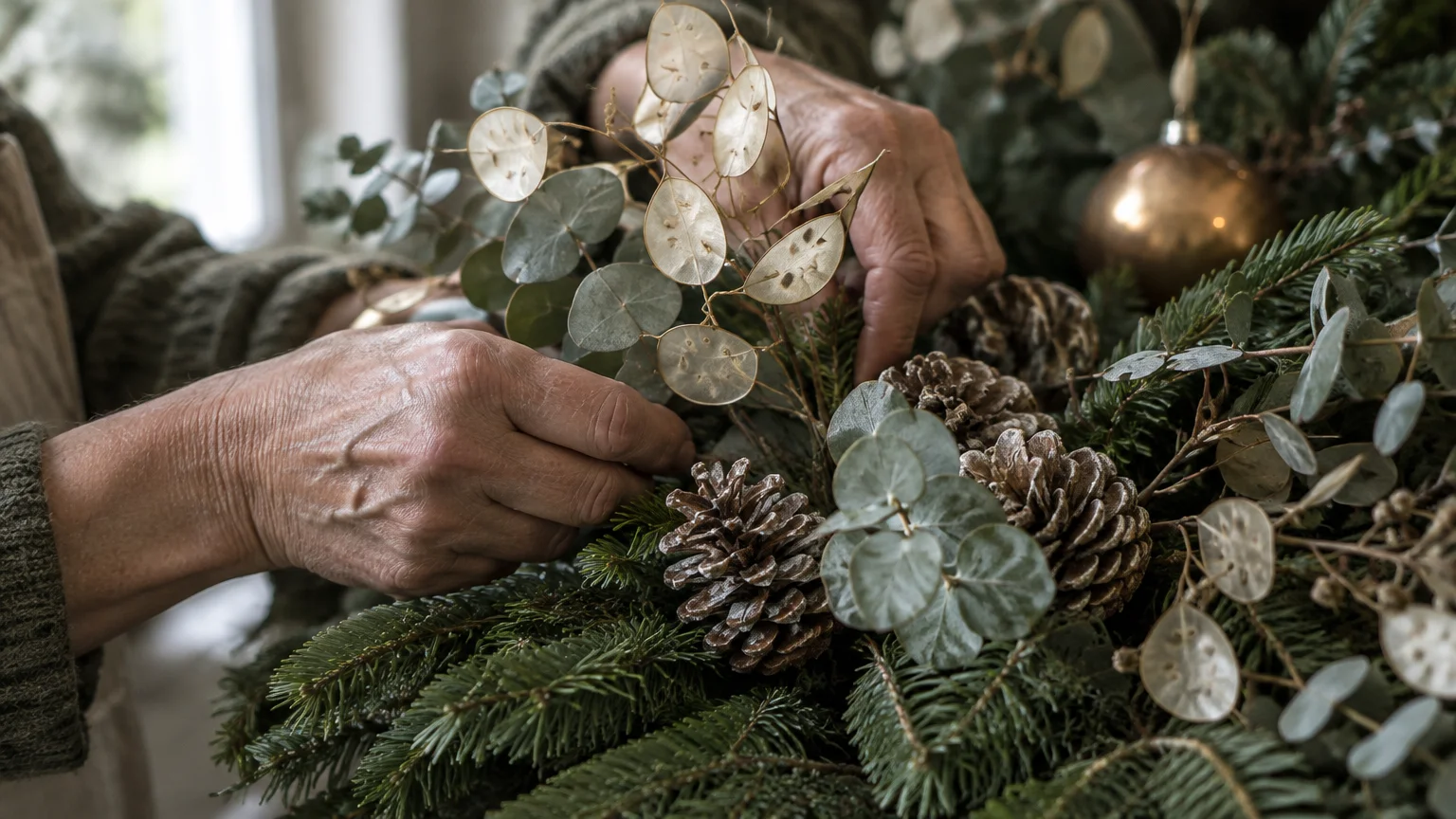 Hands arranging eucalyptus sprigs, dried honesty seed pods, and frosted pinecones into evergreen pine branches.