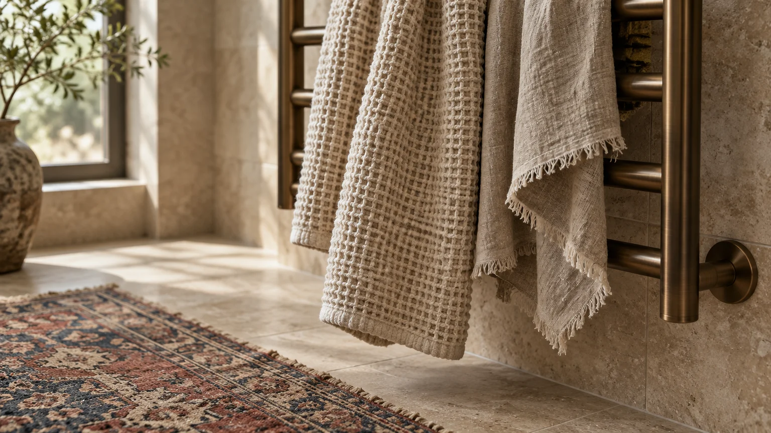 Waffle-weave and fringed linen towels hang from a brass towel warmer beside a patterned vintage runner on tile flooring.