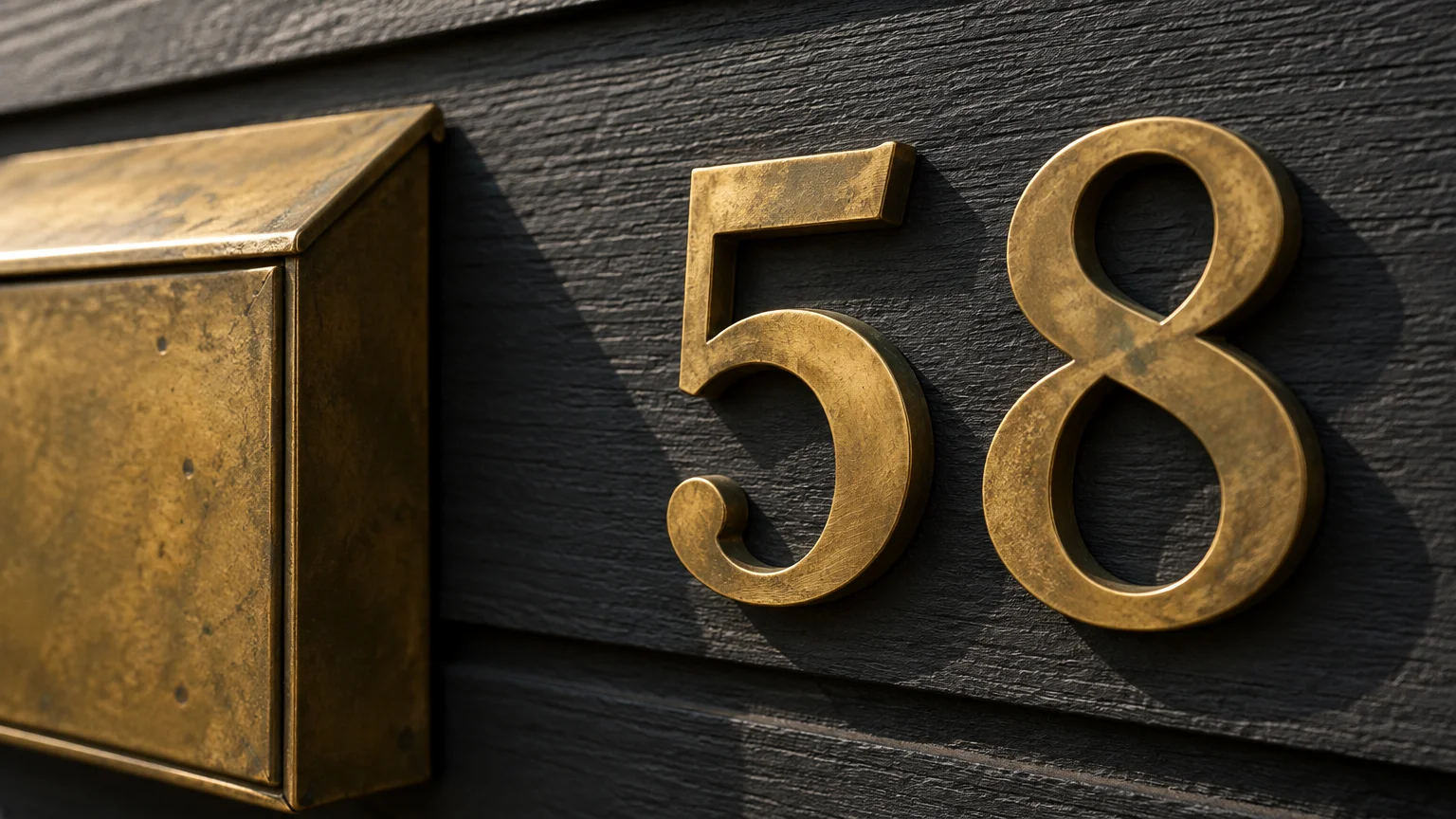 Brass house number 58 mounted next to an unlacquered brass wall-mounted mailbox on dark wood siding.