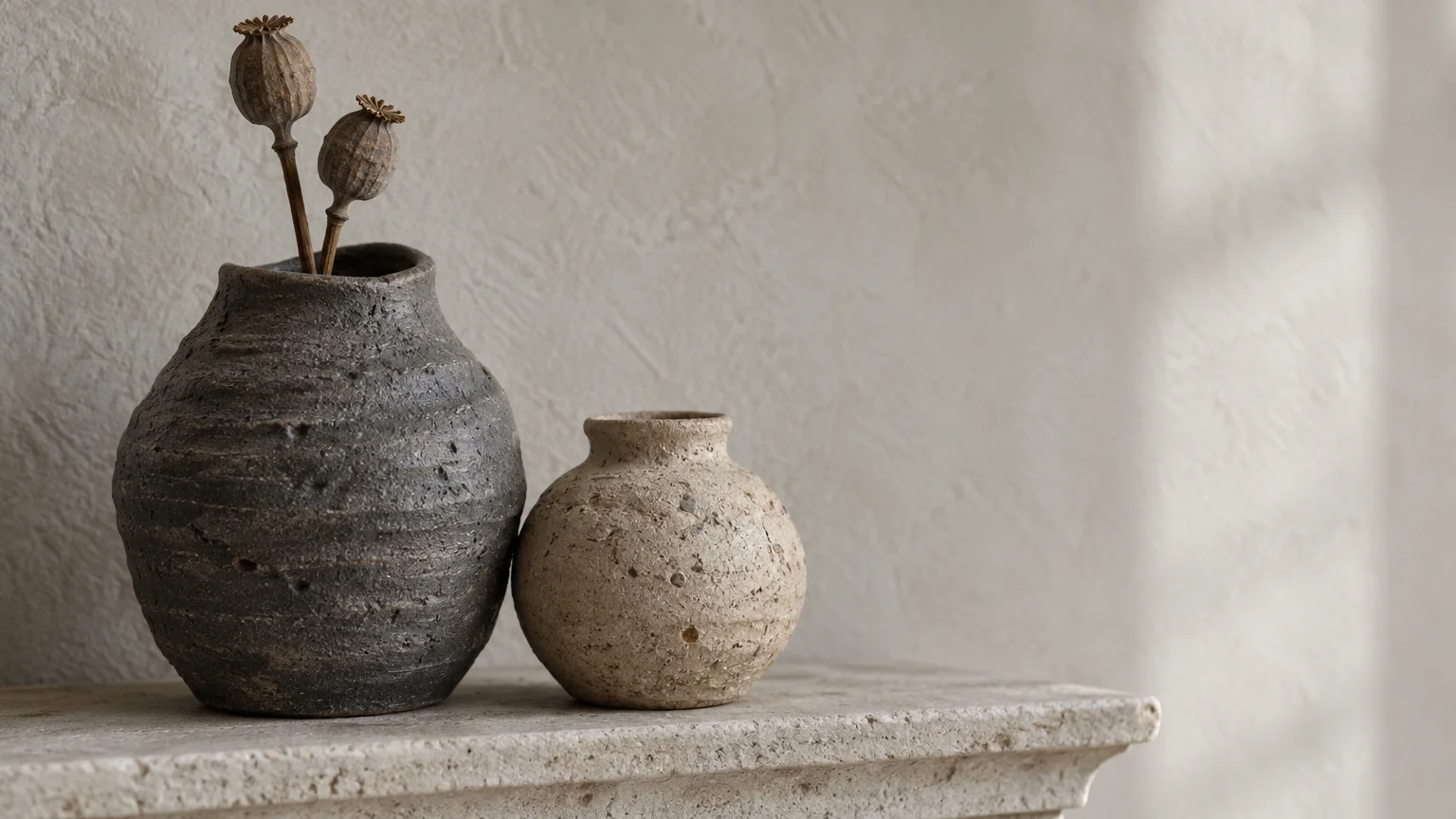 Two rustic, textured ceramic vases, one charcoal with dried poppy pods and one small beige, resting on a stone mantel.