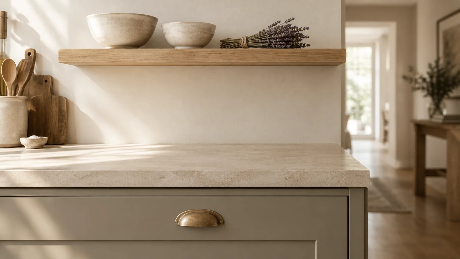 Close-up of a greige kitchen base cabinet with a stone countertop beneath a floating wood shelf on an alabaster wall.