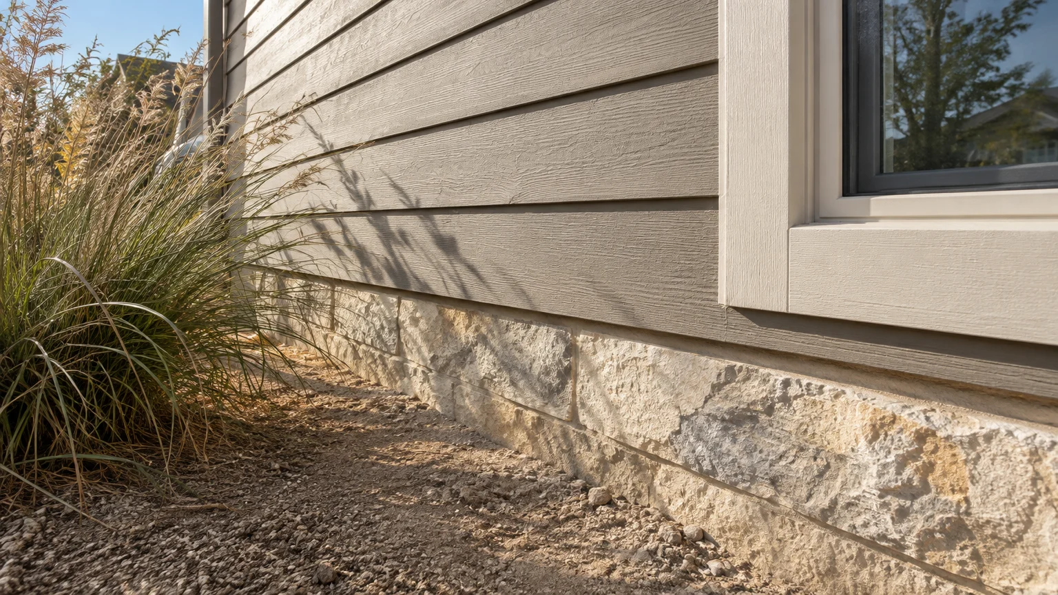 Exterior house wall with horizontal greige siding, a stone foundation, a window frame, and ornamental grass.