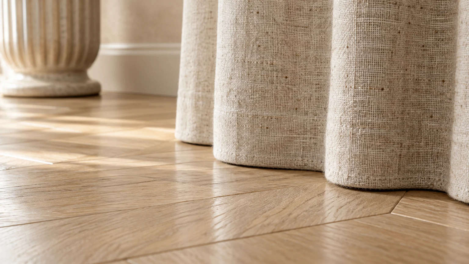 Close-up of beige textured linen curtains skimming a light oak herringbone wood floor in soft sunlight.