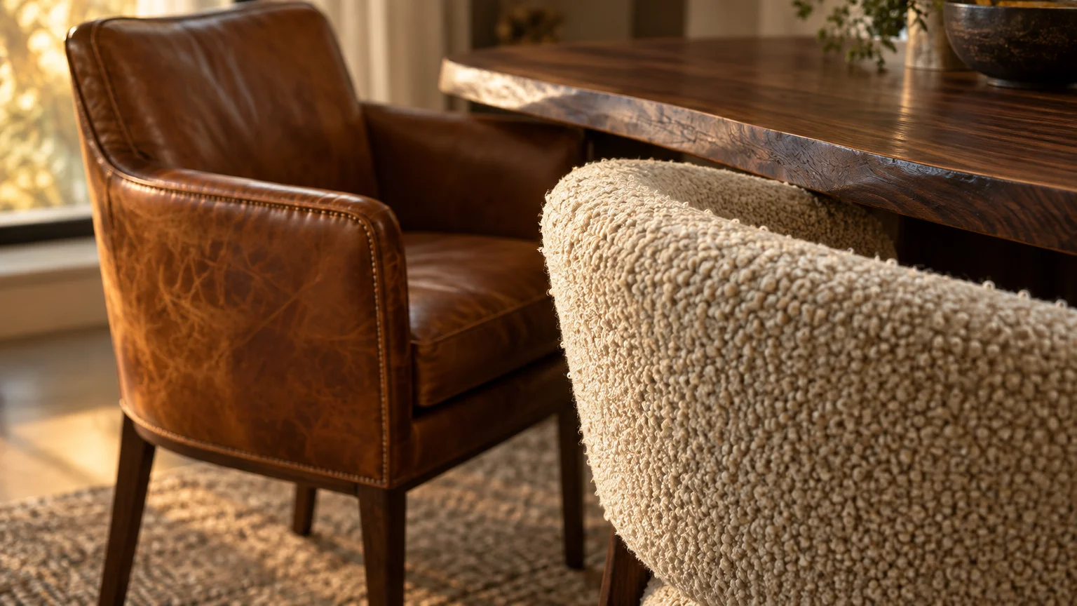 Brown leather armchair and textured cream bouclé chair arranged at a dark rustic wood dining table.