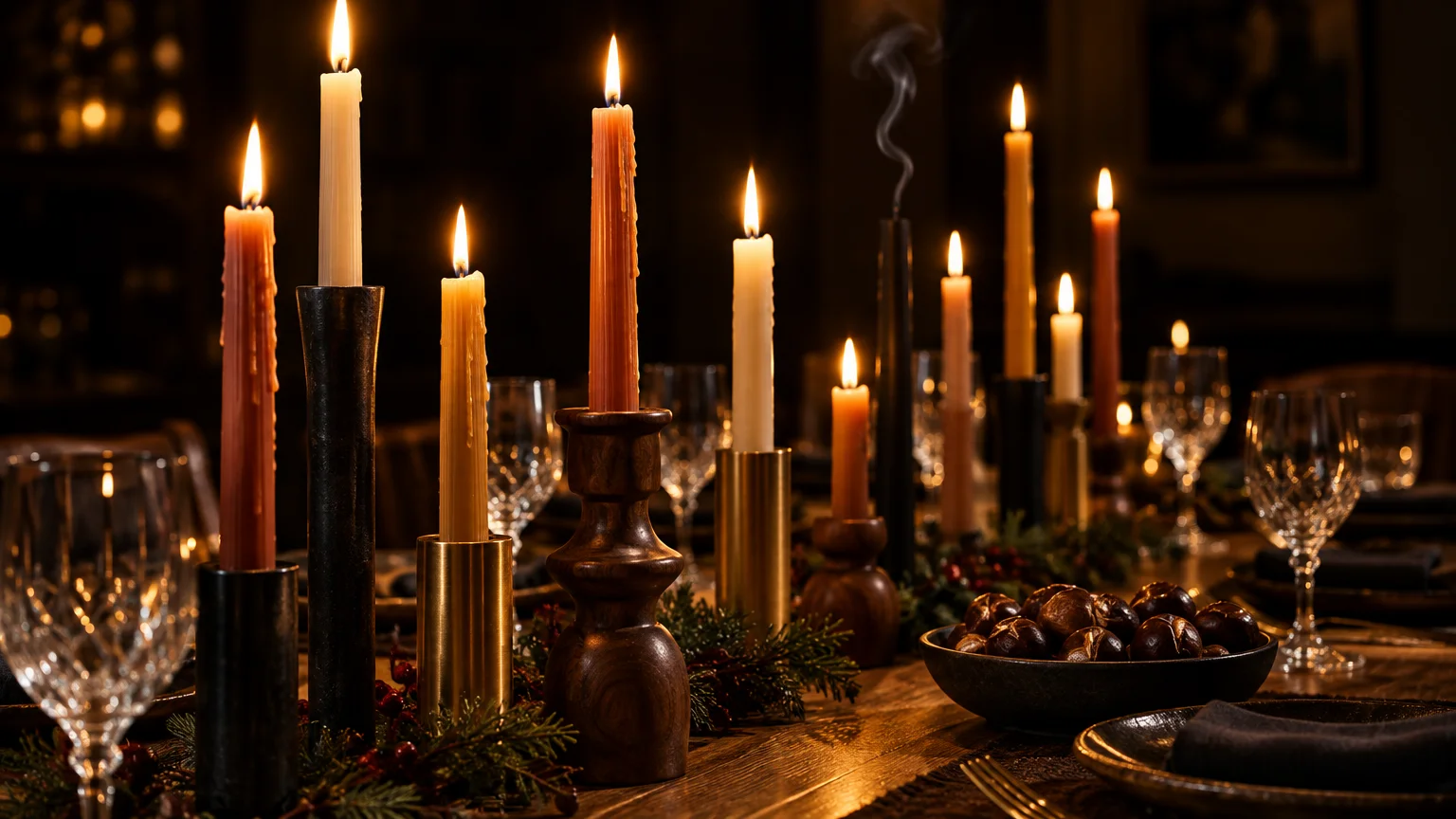 Lit taper candles in mixed metal and wooden holders line a festive wooden dinner table set with glassware.