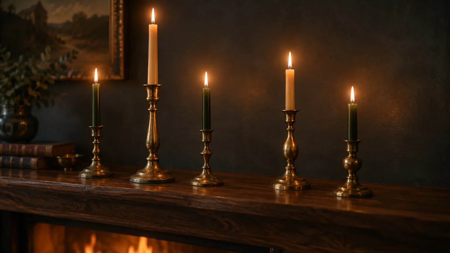 Five lit taper candles in brass candleholders of varying heights stand arranged along a dark wood fireplace mantel.
