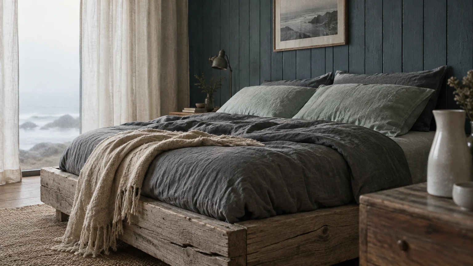 Rustic timber bed dressed in slate and sage linens beside a dark paneled wall and large coastal ocean window.