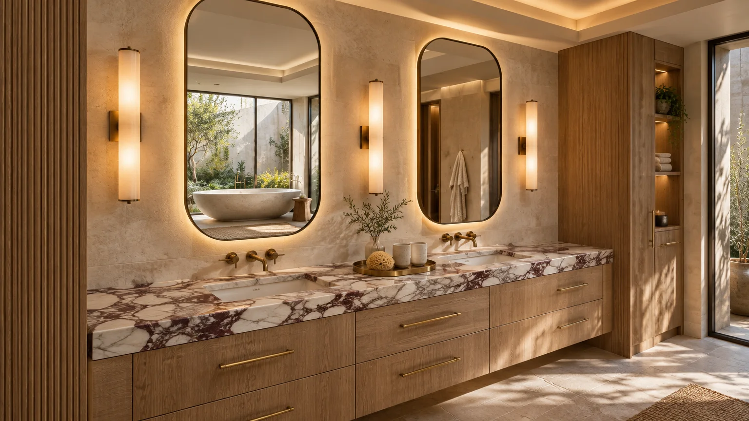 Double vanity with marble countertop, backlit rounded mirrors, vertical wall sconces, and wooden cabinetry.