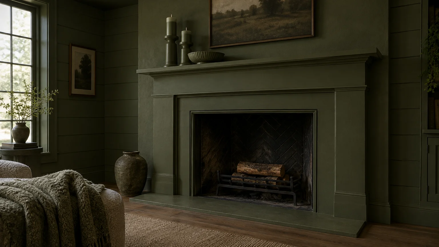 Olive green fireplace and mantel drenched in matching dark green paint, styled with tonal candles and framed art.