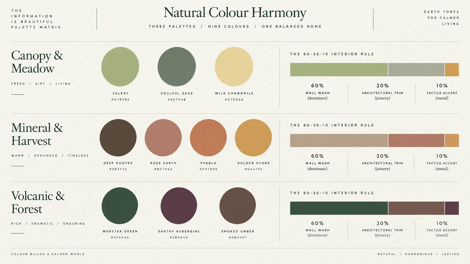 Color palette diagram displaying swatches and 60-30-10 interior rule breakdowns for three earthy color schemes.