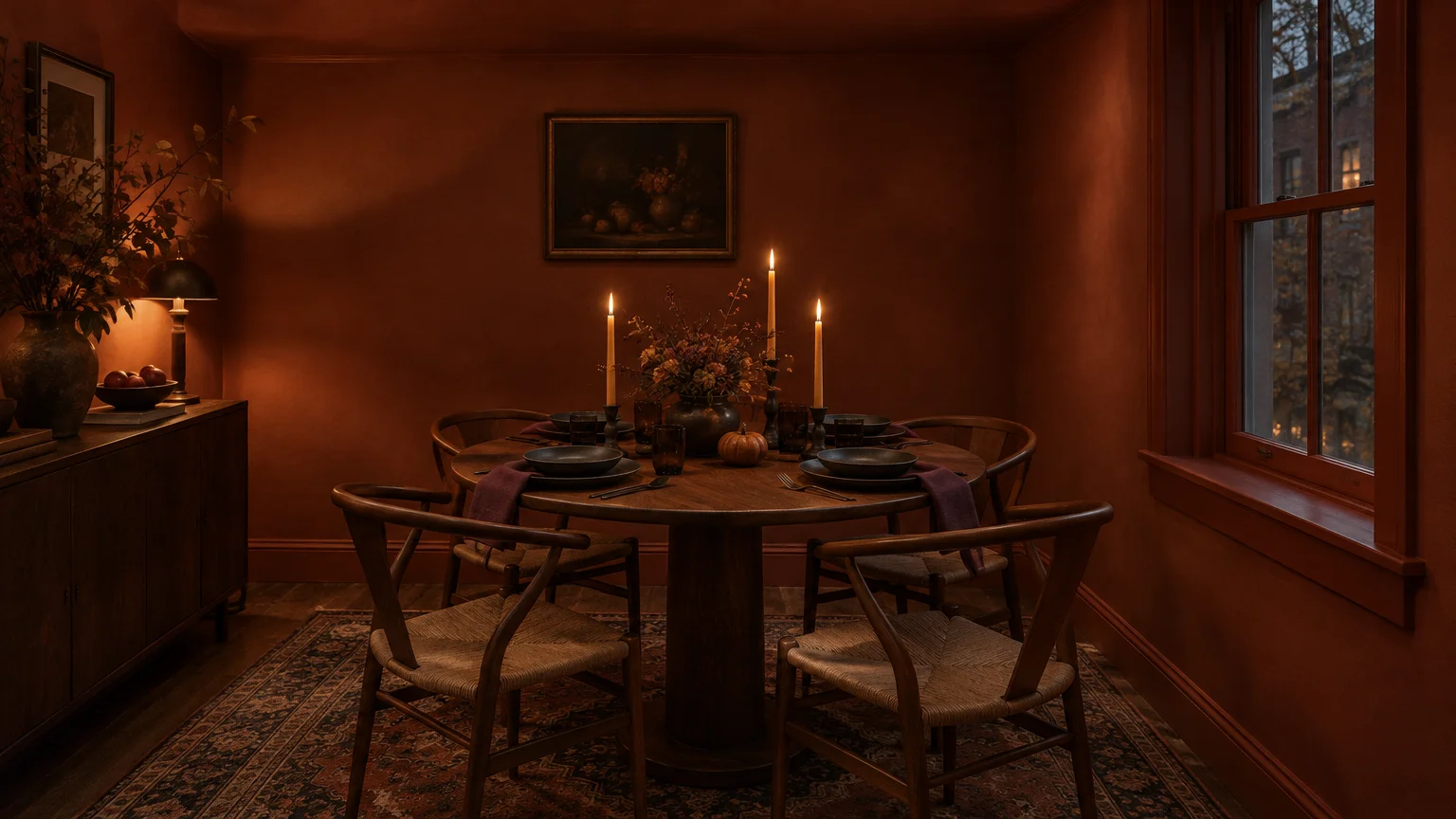 A round wooden dining table set with candles and tableware in an intimate dining room with terracotta-colored walls.