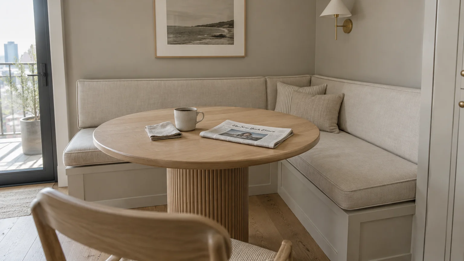 Built-in corner banquette bench with a round wooden fluted pedestal dining table, mug, and folded newspaper.