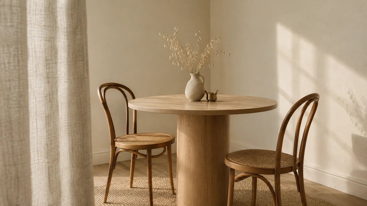 Round wooden dining table with two bentwood chairs, textured linen drape, and a ceramic vase in an alabaster-painted room.