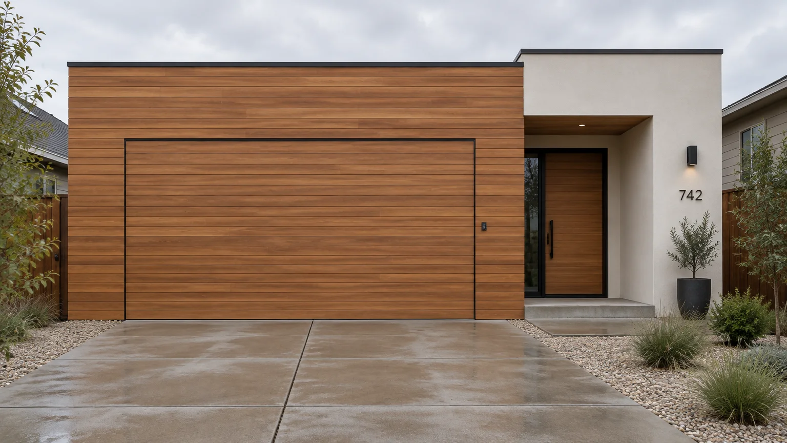 Modern home exterior featuring a wood-plank flush garage door matching the siding alongside a concrete driveway and entryway.