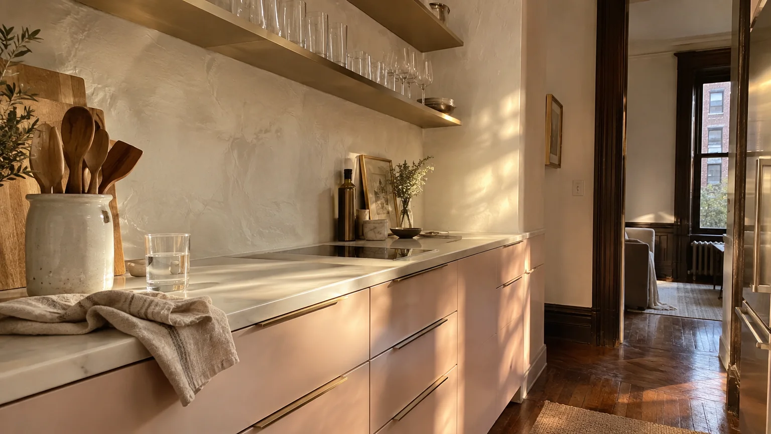 Modern kitchen counter with soft blush lower cabinets, gold hardware, open shelving, and sunlight casting warm shadows.