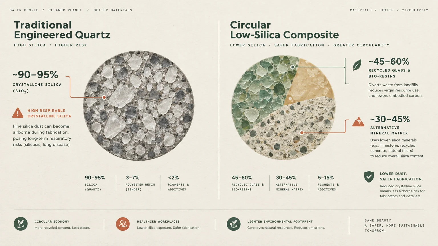 Diagram comparing material compositions of traditional engineered quartz versus circular low-silica composite surfaces.