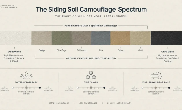 Diagram showing siding color swatches from white to black with camouflage ratings for dirt, pollen, and splashback.
