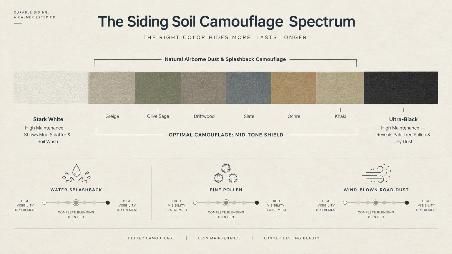Diagram showing siding color swatches from white to black with camouflage ratings for dirt, pollen, and splashback.