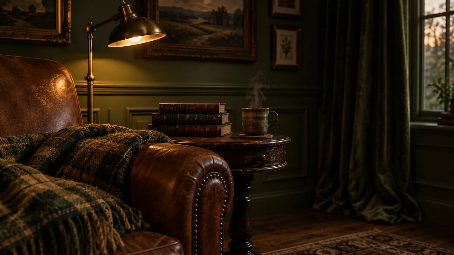 Cozy reading nook with a brown leather armchair, brass floor lamp, and steaming mug beside dark olive green walls.