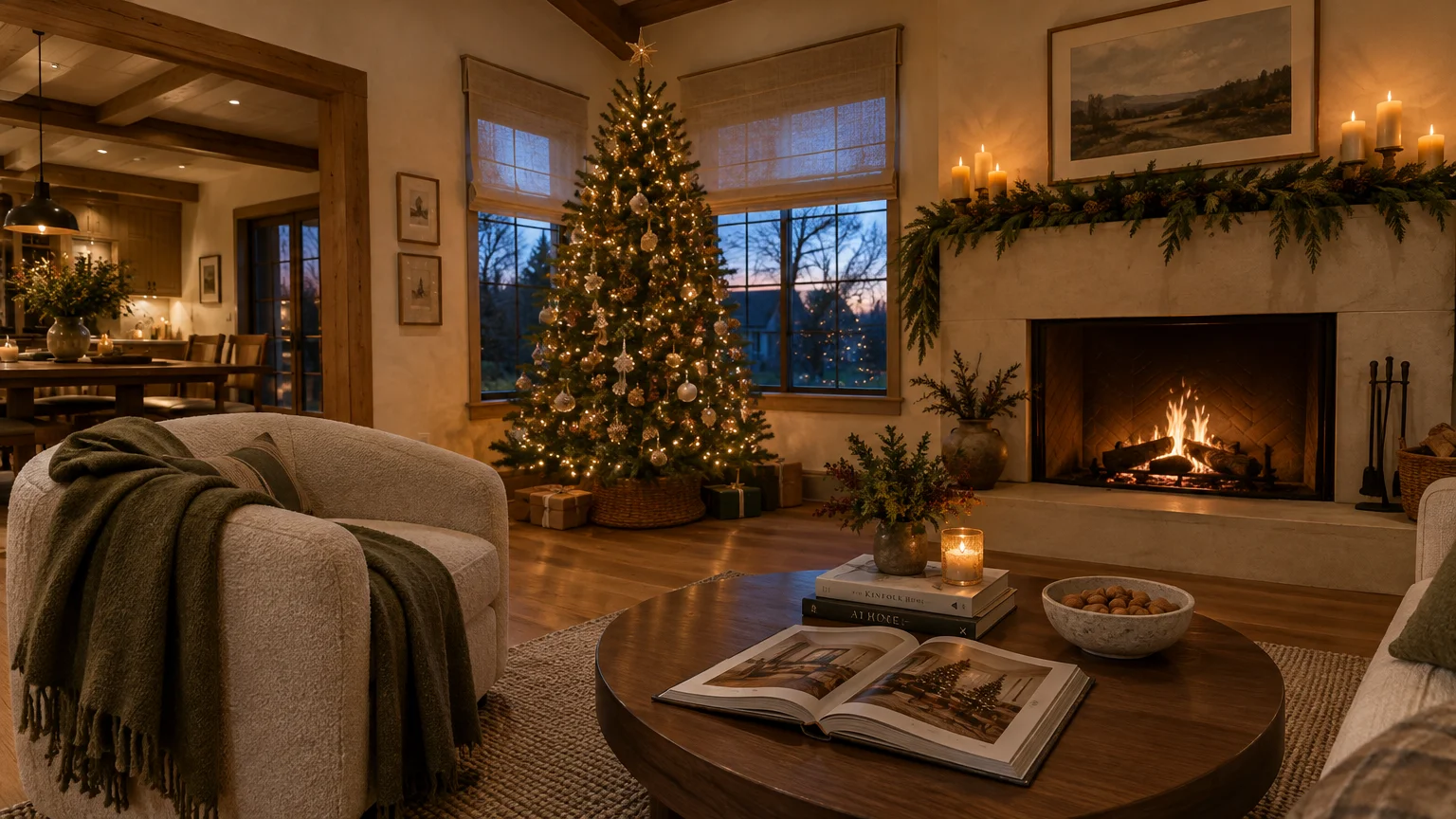 Cozy living room with a lit Christmas tree near large windows, an armchair, and a roaring stone fireplace.