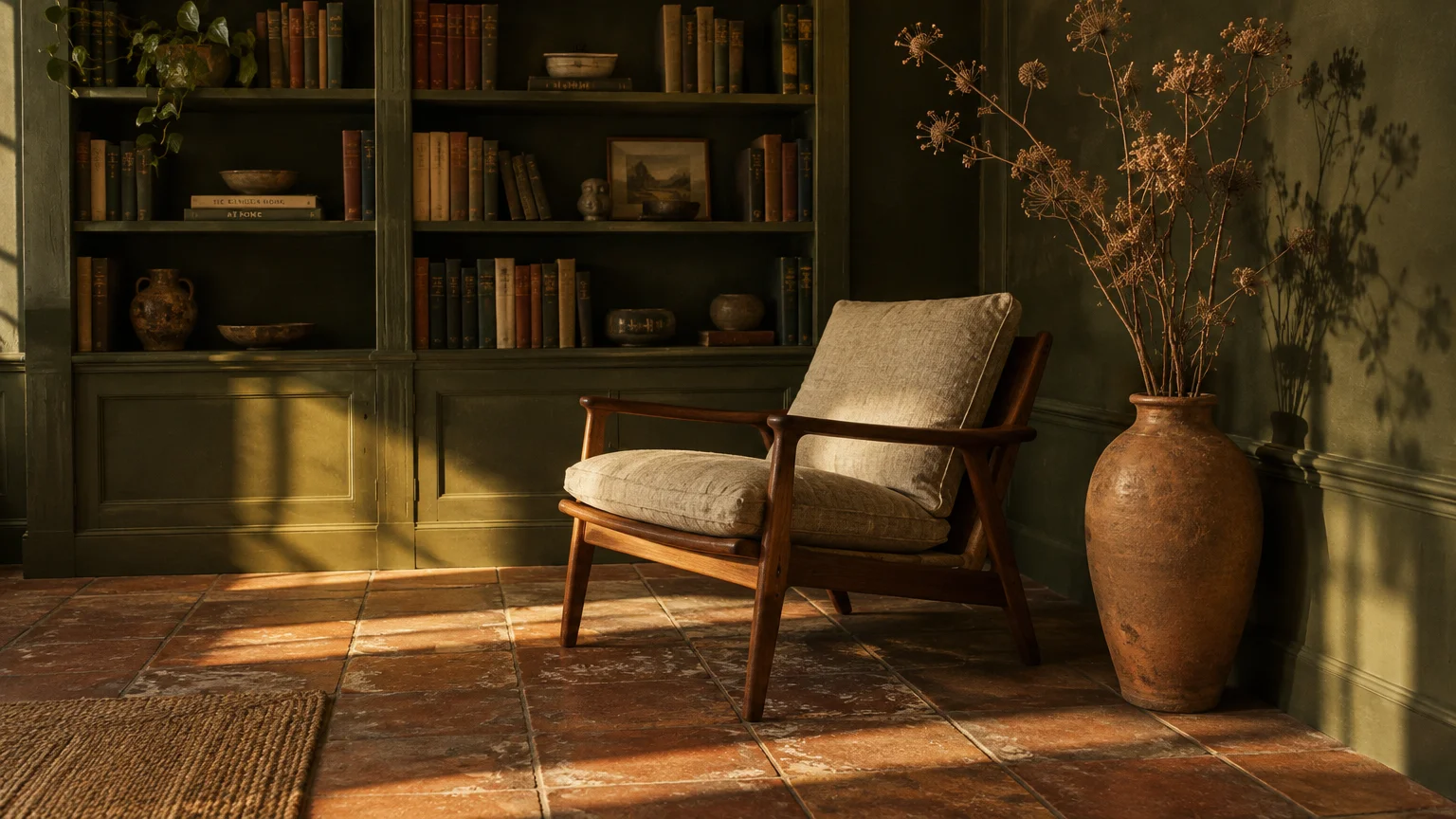 Armchair on terracotta tile floor in a room with dark olive green walls and built-in bookshelves filled with books.