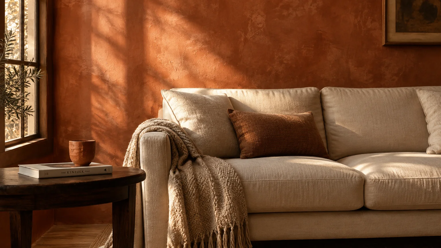 Cream sofa with pillows and blanket against a textured terracotta wall lit by sunlight beside a wooden side table.