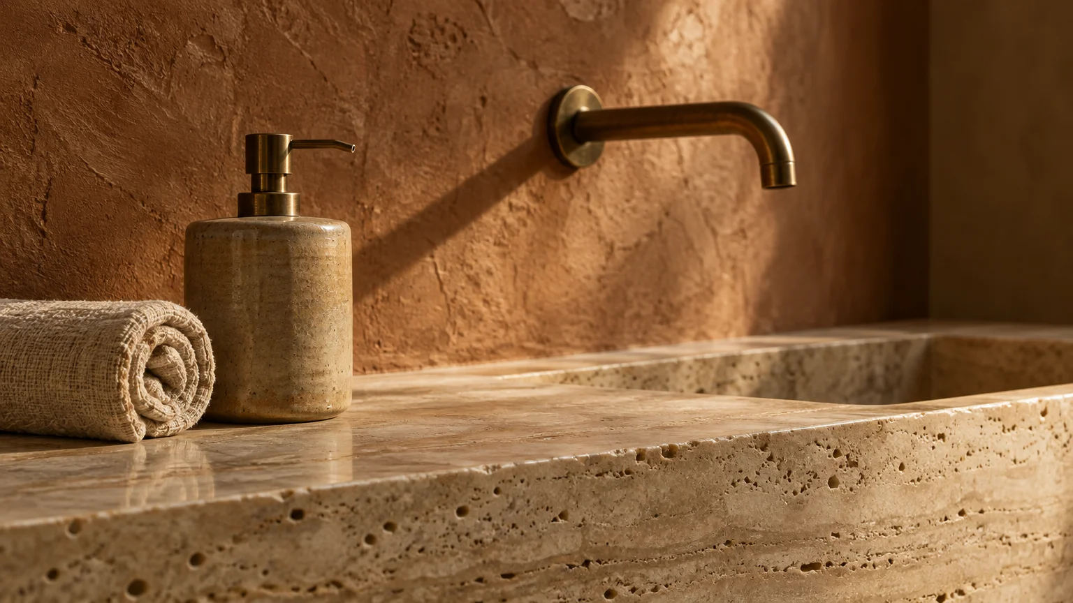 Travertine sink and countertop beneath a wall-mounted brass faucet, textured terracotta clay wall, soap dispenser, and towel.