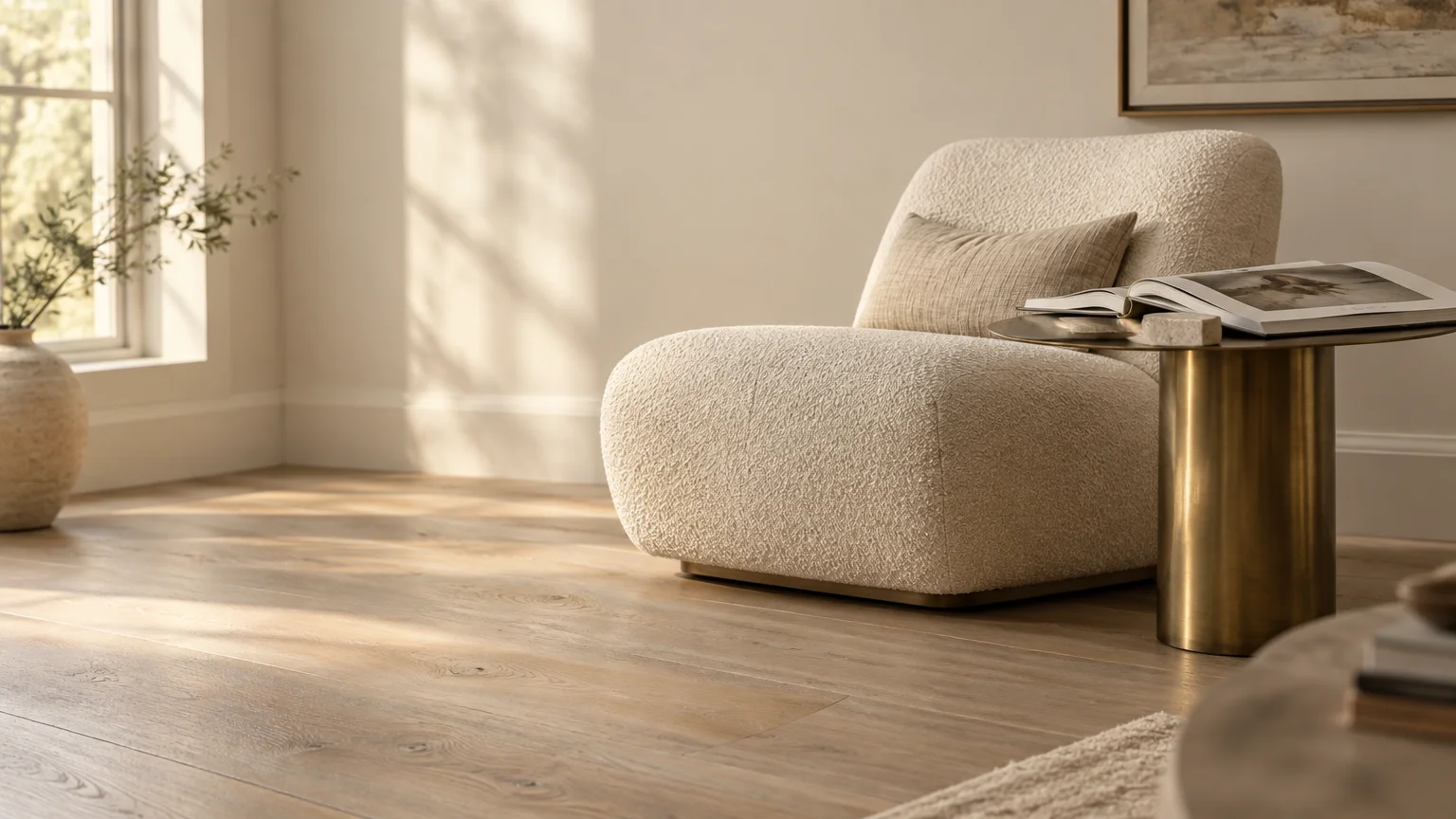 Bouclé armchair on light oak floors beside a brass side table and sunlit off-white wall.