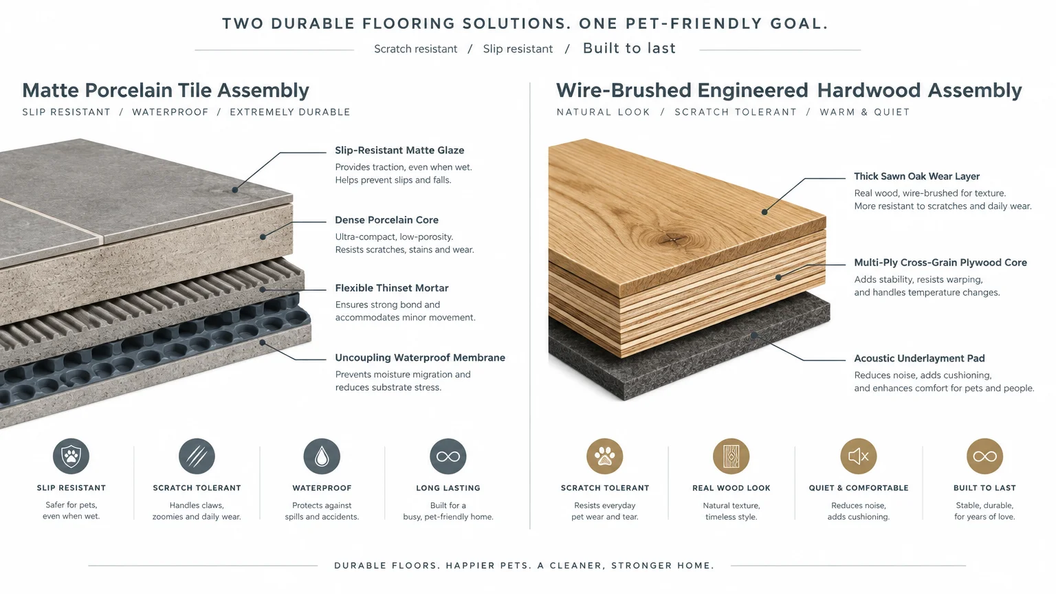 Diagram comparing layered cross sections of a matte porcelain tile assembly and an engineered hardwood assembly.