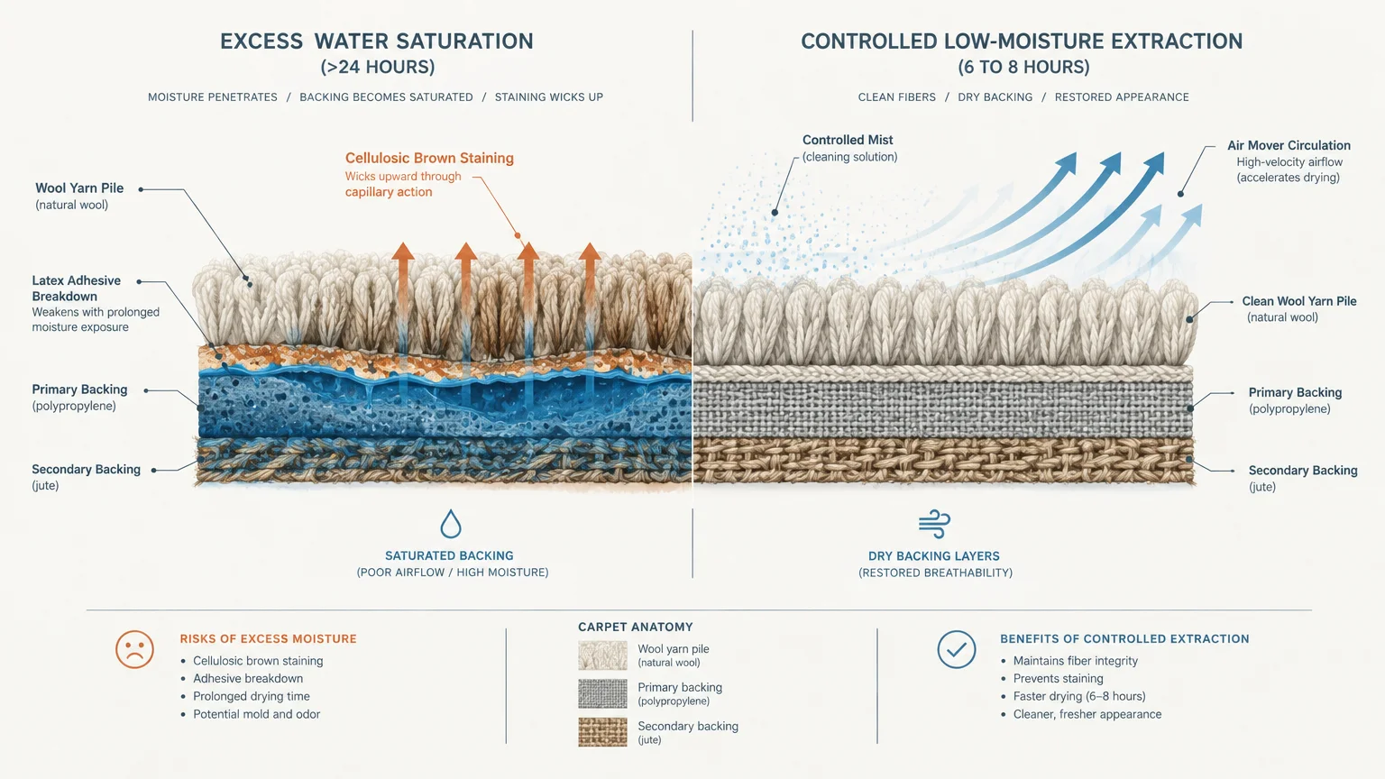 Diagram comparing excess water saturation versus controlled low-moisture extraction across carpet pile and backing layers.