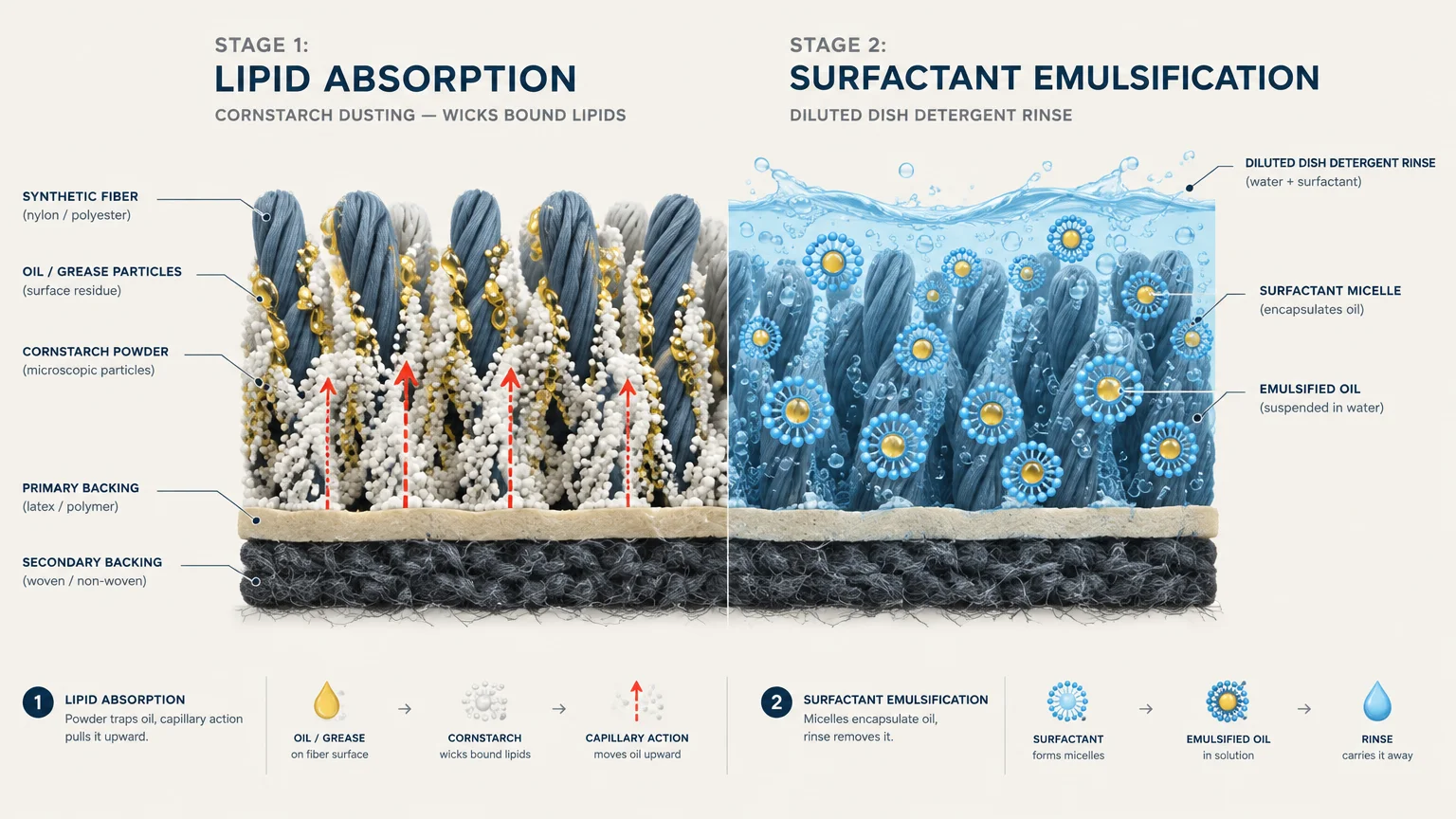 Diagram showing two stages of carpet cleaning: cornstarch absorbing lipid particles, followed by surfactant emulsification.