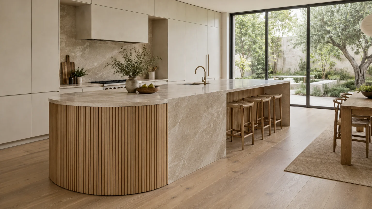 Kitchen island featuring a fluted wood curved base, stone countertop, waterfall edge, and barstools near sliding glass doors.