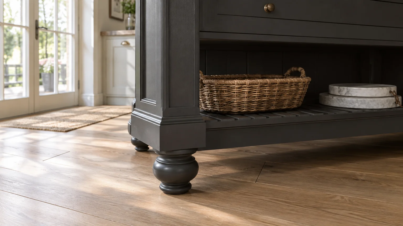 Close-up of a dark gray kitchen island with turned wooden feet, lower slatted shelf, wicker basket, and wood flooring.