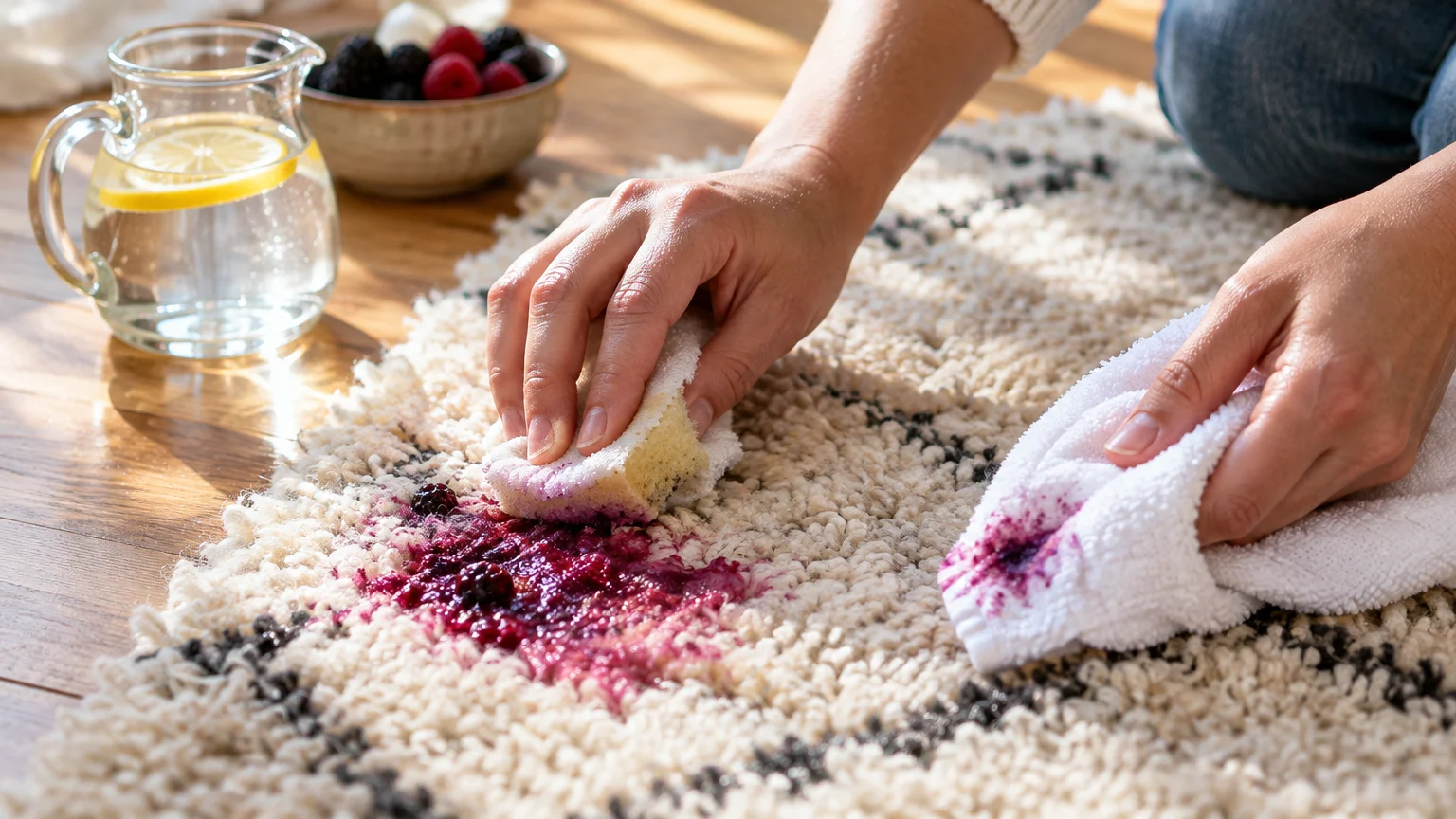 A person using a sponge and white towel to clean a crushed berry stain on a textured cream rug.