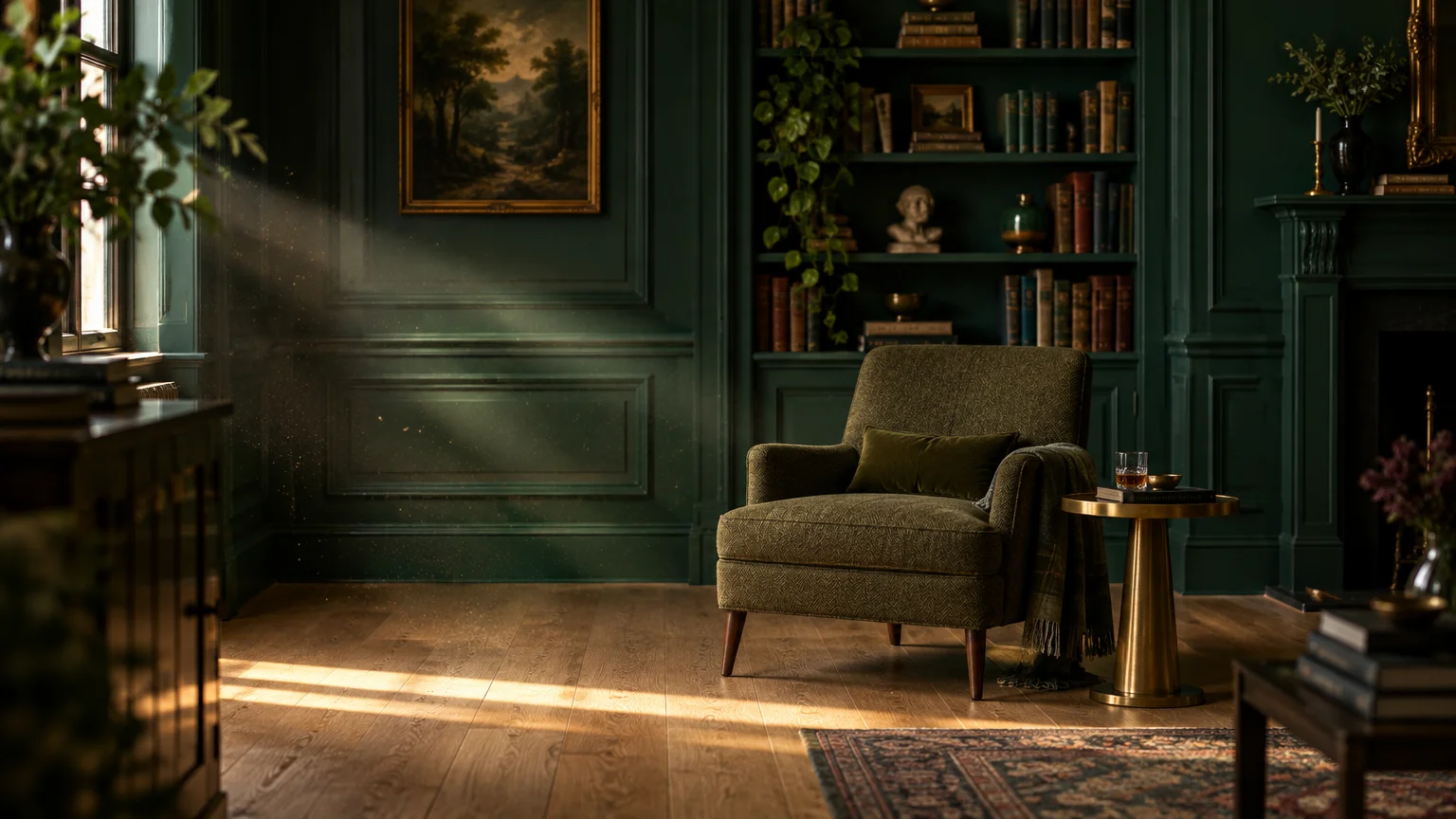 Green upholstered armchair in a dark green paneled library with built-in bookshelves and sunlit pale oak floors.