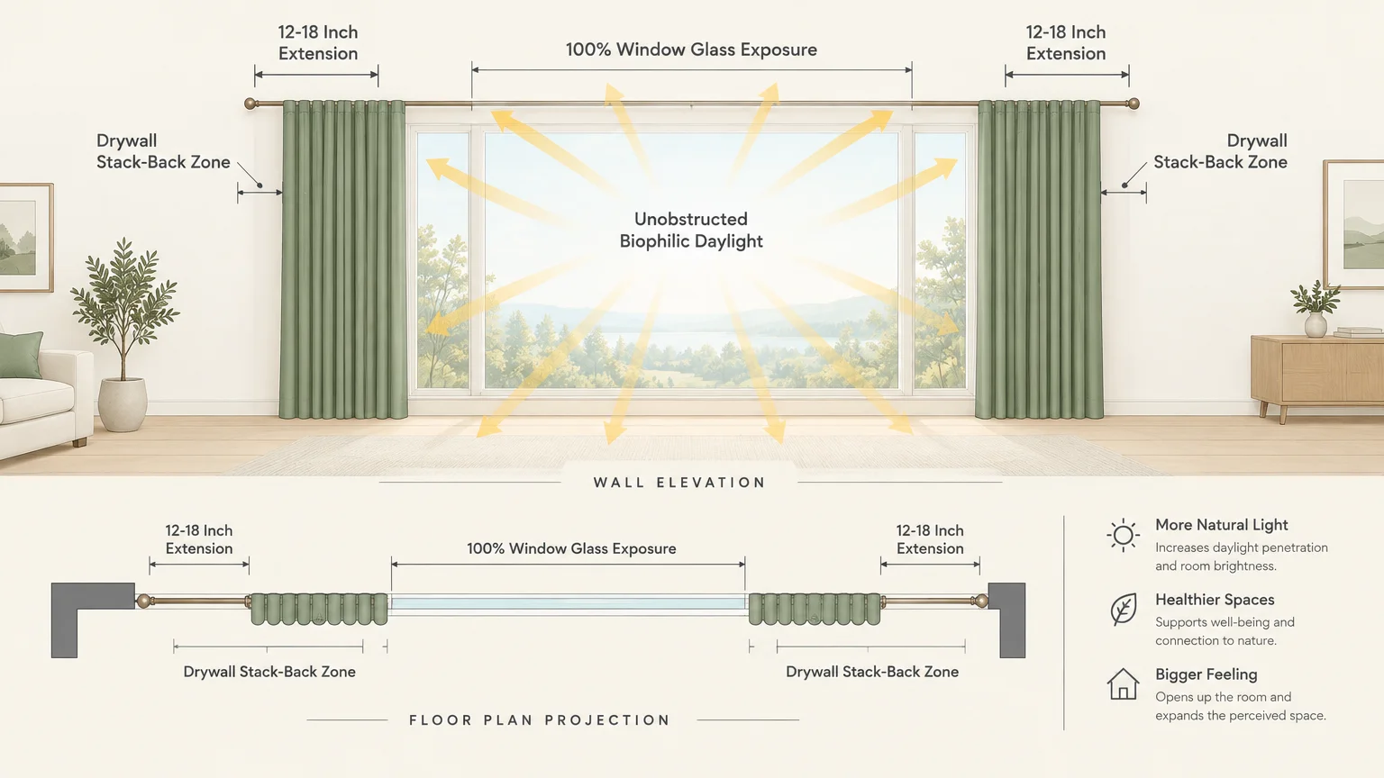 Diagram showing wall elevation and floor plan with curtains extended 12 to 18 inches beyond the window frame.