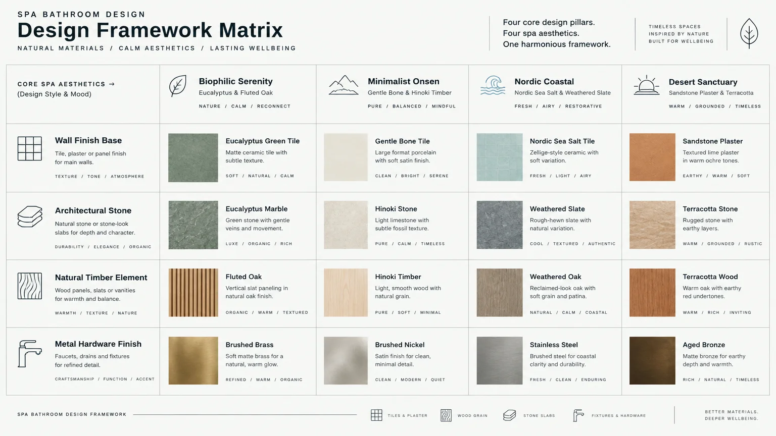Design framework matrix charting wall finishes, architectural stone, timber elements, and hardware across four spa styles.