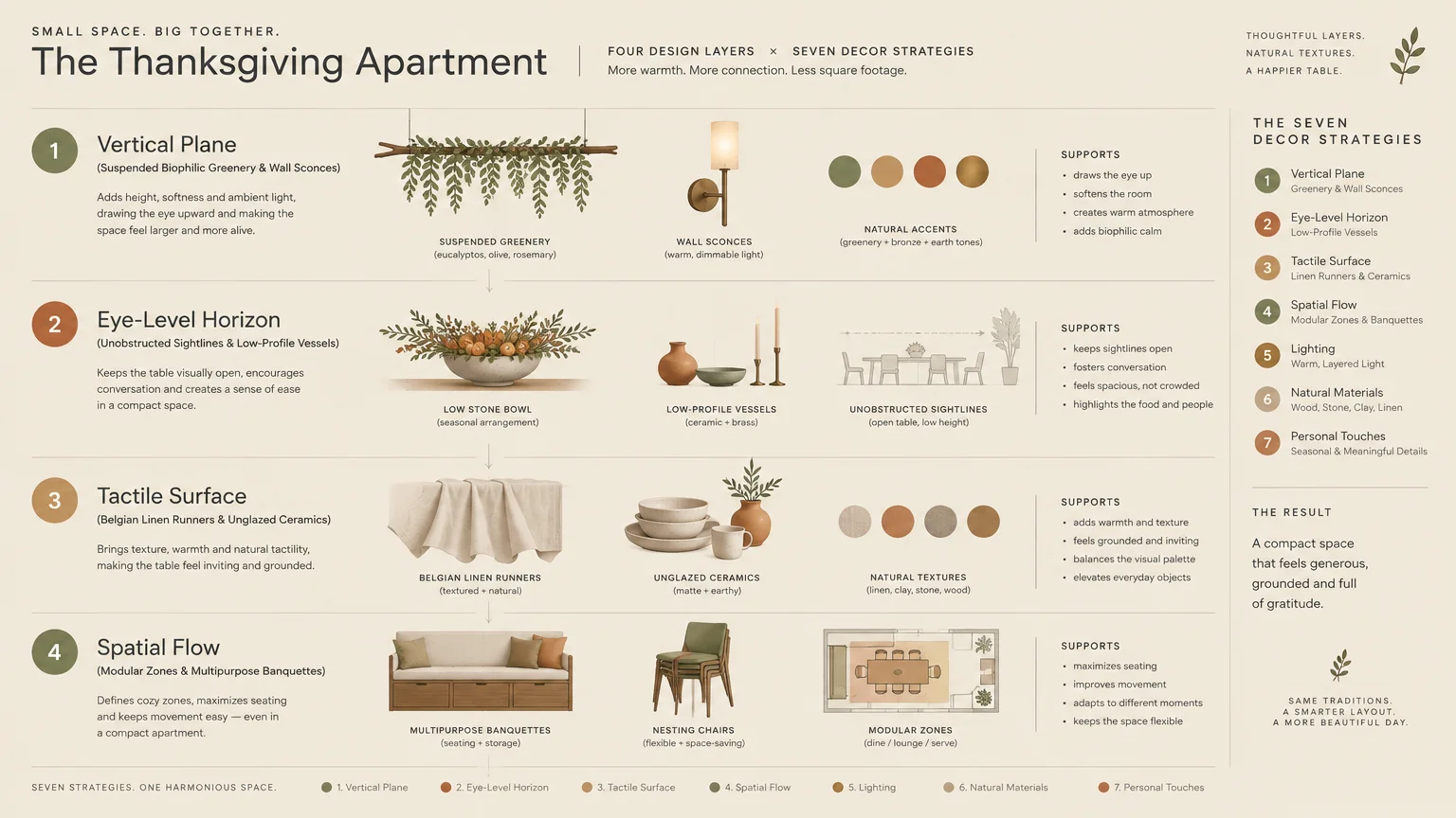 Infographic diagram outlining four design layers and decor strategies for a Thanksgiving apartment layout.