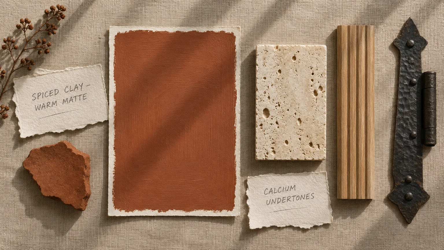 Mood board flat lay featuring a terracotta paint swatch, porous travertine stone, fluted wood molding, and wrought iron.